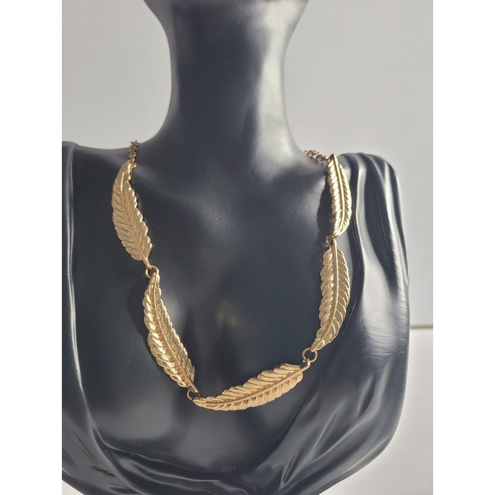 Gold Tone Feather Leaf Link Statement Necklace Adjustable Collar Nature Inspired